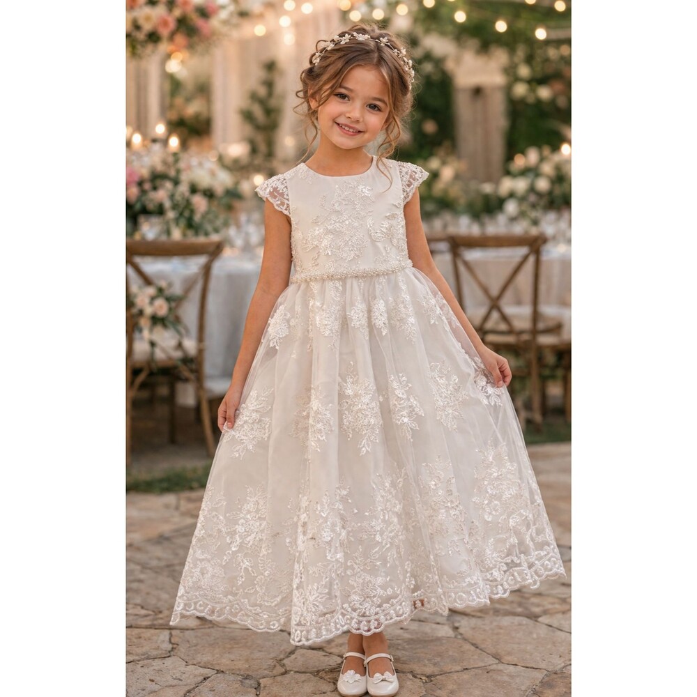 Chantilly Place Flower Girl Dress Sz 5 White Lace Sequin Embroidered Wedding